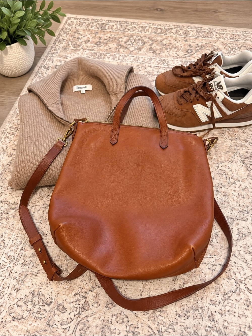 Madewell small transport Classic Tan Leather Tote Bag with Shoulder Strap